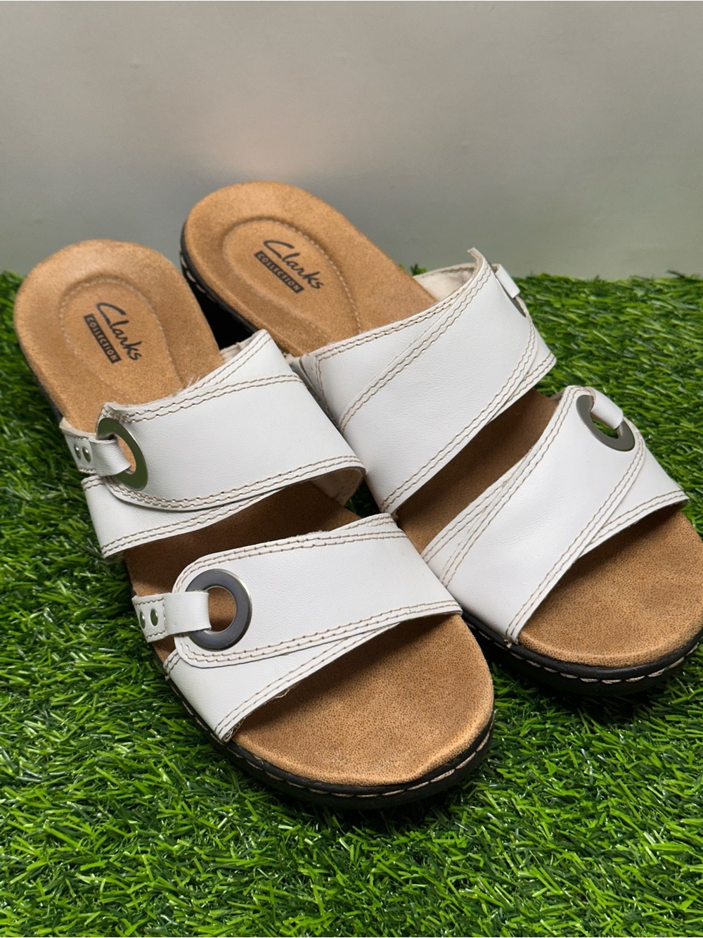 Clarks Merliah Bali Womens White Leather Wedge Sandals 9M